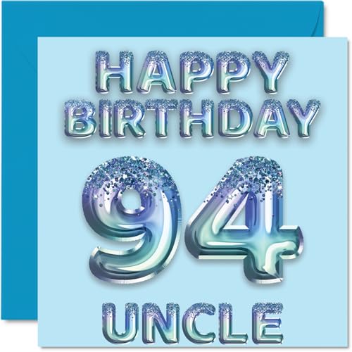 Tarjeta de cumpleaños número 94 para tío, globos de fiesta con purpurina azul, tarjetas de feliz...