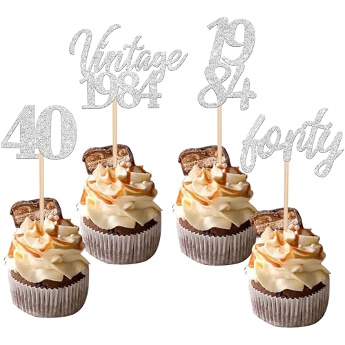 24 piezas vintage 1984 decoración para tartas con purpurina 40 Forty Cumpleaños Magdalenas Toppers...