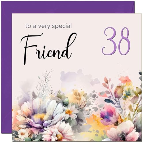 Tarjeta de cumpleaños número 38 para amigas, diseño floral morado para mujer, tarjeta de...