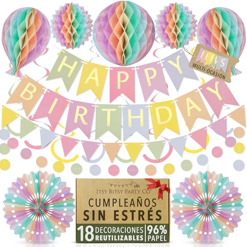 Reutilizable Kit Decoración Cumpleaños de Colores Pastel - Pancarta Multicolor, Banderines,...
