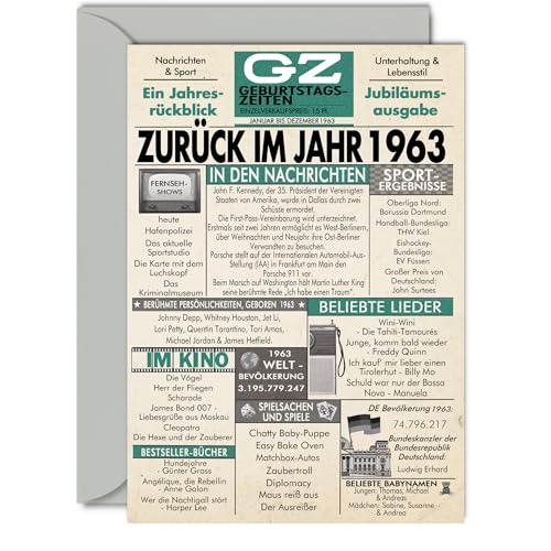 Stuff4 62 tarjetas de cumpleaños para hombres y mujeres - Regreso al año 1963 Periódico - 62...