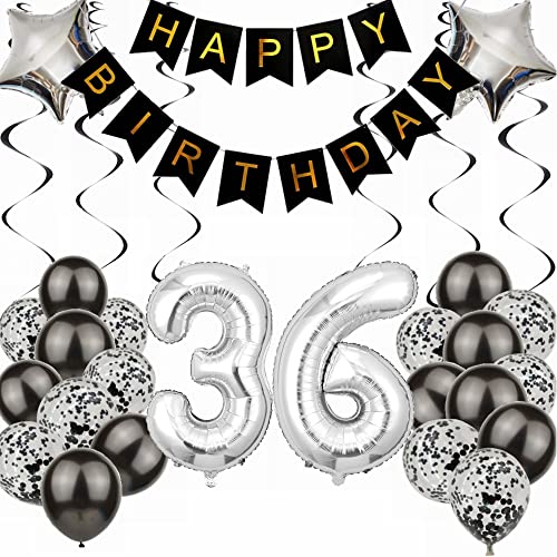 Kiwochy Globo de 36 cumpleaños, decoración de fiesta en negro y plata, decoración para 36...