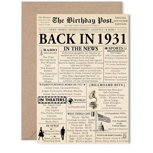 Tarjeta de cumpleaños número 94 para mujeres y hombres, periódico en 1931, tarjetas de feliz 94...