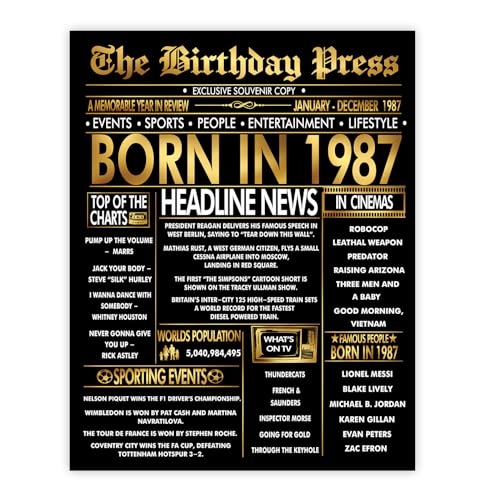 Stuff4 Póster dorado de 38 cumpleaños sin marco, periódico dorado nacido en 1987, feliz...