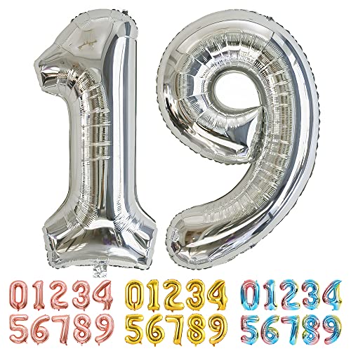 Ponmoo Foil Globo Número 19 91 Plata, Gigante Numeros 0 1 2 3 4 5 6 7 8 9 10-19 20-29 30 40 50 60...