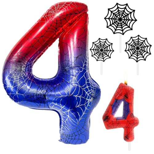 Decoración Cumpleaños Araña 4 Años, Globo 40 Pulgadas con Telaraña y Número 4 con Vela Cera...