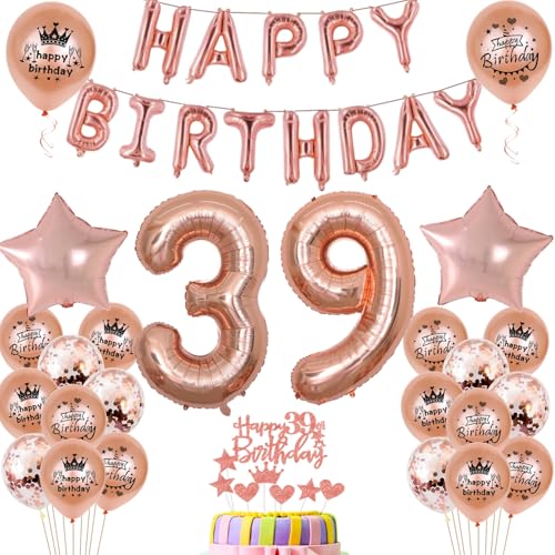 Globos de 39 cumpleaños, decoración para mujer, oro rosa, 39 cumpleaños, decoración para...