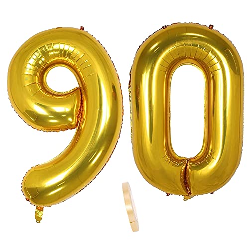 2 globos numeros 90 años, Number globo número 90 Dorado para Hombres Mujeres niños,40' Figuras...