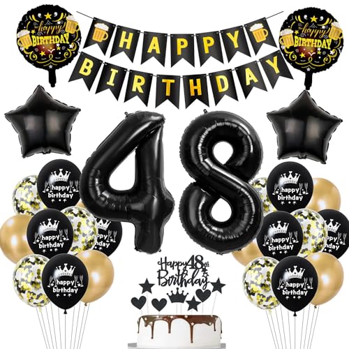 Oro negro 48 cumpleaños decoración, globo 48 oro, globo 48 hombre mujer, decoración 48...