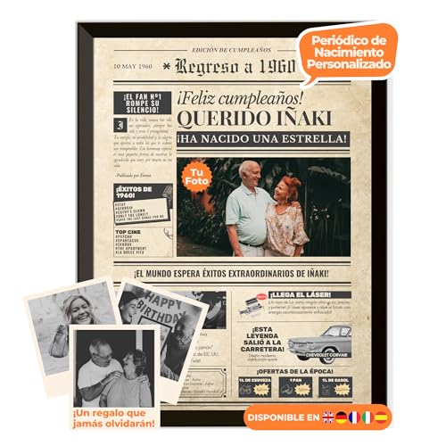 Periódico de cumpleaños 1960 – póster personalizado año nacimiento con foto, nombre y mensaje...