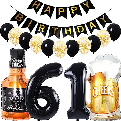 Conruich Decoración de Cumpleaños de 61 años Hombre Mujer, Globo de Foil Whisky Cerveza Vaso...