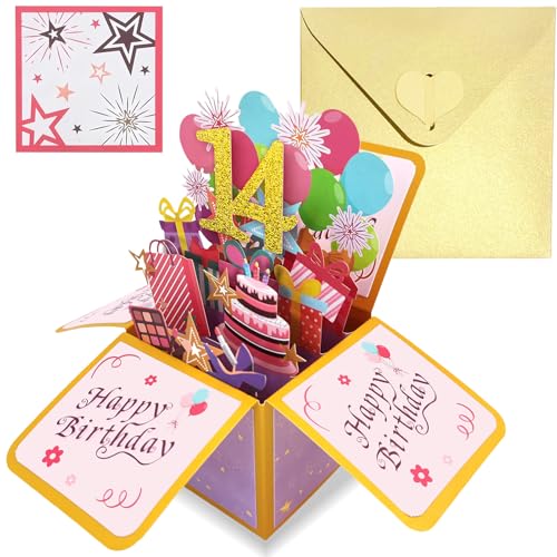 Pop Up Tarjeta Cumpleaños 14 Años Oro Rosa,3D Tarjeta Felicitacion Cumpleaños Original con Sobre...