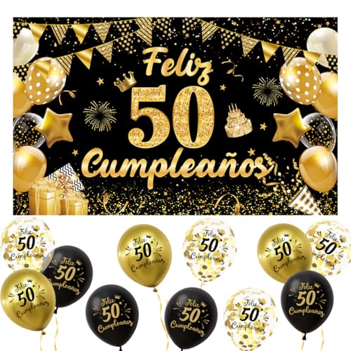Meleager Decoración 50 Cumpleaños Español, Pancarta Feliz 50 Años + 15 Globos, Banderola de...
