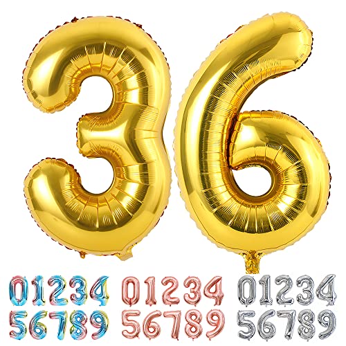 Ponmoo Foil Globo Número 36/63 Dorado, Gigante Numeros 0 1 2 3 4 5 6 7 8 9 10-19 20-29 30-39 40 50...