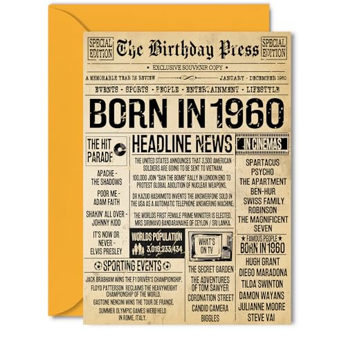 Tarjeta de cumpleaños número 65 para hombres y mujeres – Bday Press Newspaper 1960 – Tarjetas...