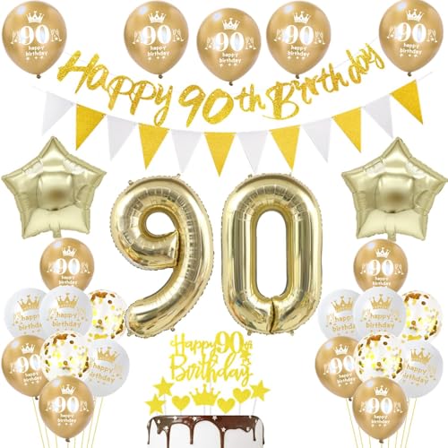 Decoración 90 años cumpleaños hombre mujer, banderola dorada 90 años cumpleaños guirnalda deco...