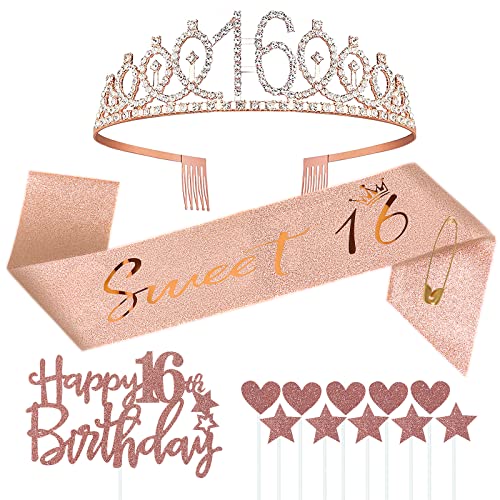 Jonvell 16 Años Corona Banda Cumpleaños Niñas Tiara Corona y Faja de Oro Rosa Cinturón de...