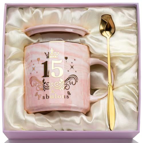 WXYTXHYQ Regalos para Chicas de 15 Años, 400ml Taza de Cerámica Rosa Regalos Jovenes 15 Años, 15...