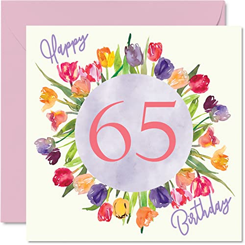 Stuff4 Bonitas tarjetas de 65 cumpleaños para mujer, ramo de tulipanes de acuarela, 145 mm