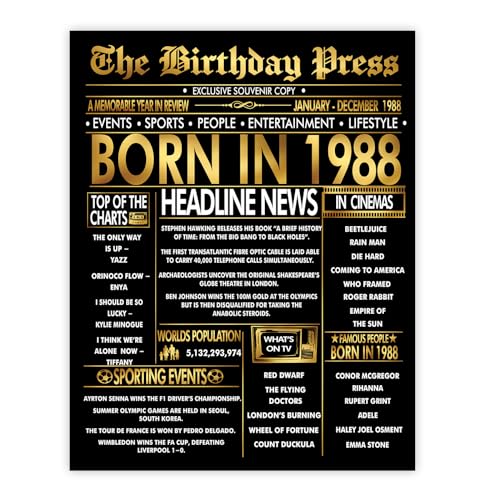 Stuff4 Póster dorado de 37 cumpleaños sin marco, periódico dorado nacido en 1988, feliz...