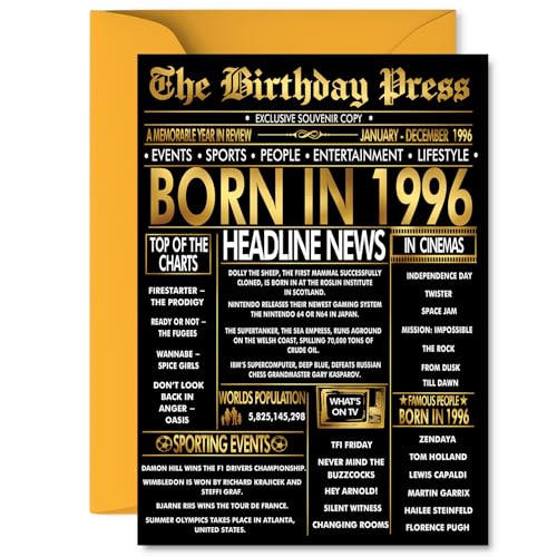 Tarjeta dorada de cumpleaños número 29 para hombres y mujeres, periódico negro y dorado nacido en...