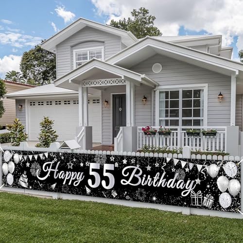 PartyYaa Pancarta de cumpleaños número 55, decoración de pancarta de feliz cumpleaños 55,...