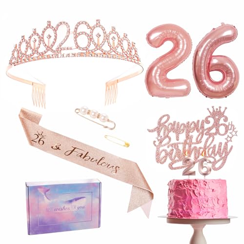 Decoraciones de cumpleaños número 26 de oro rosa: banda, tiara, decoración de tartas, globos,...