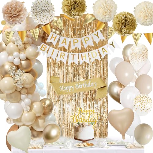 Decoracion de Cumpleaños Oro Beige Blanca Globos de Cumpleaños, Pancarta Happy Birthday, Cortinas...