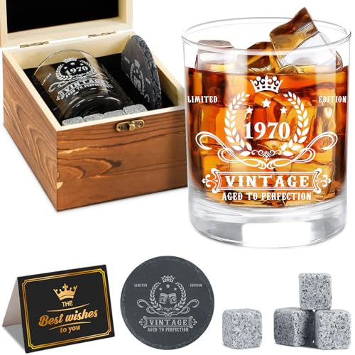Juego de 55 cumpleaños para hombre, vintage 1970 whisky de cristal, caja de madera, piedras de...