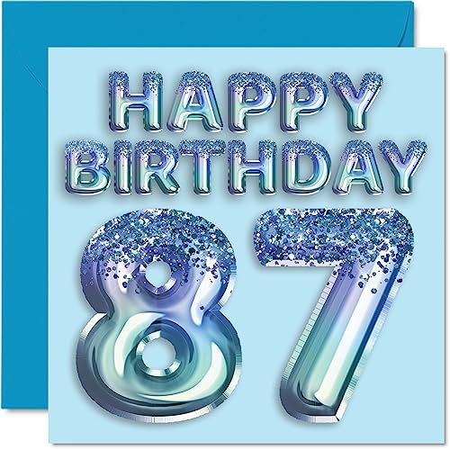 Tarjeta de cumpleaños número 87 para hombres, globo de fiesta con purpurina azul, tarjetas de feliz cumpleaños para hombre de 87 años, gran abuelo, abuelo, papá, abuelo, abuelo, 145 mm x 145 mm,