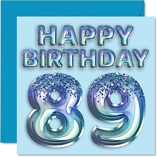 Tarjeta de cumpleaños 89 para hombres, globo de fiesta con purpurina azul, tarjetas de feliz...
