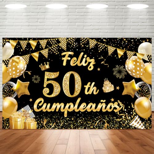 Pancarta Feliz Cumpleaños 50 Años - Fondo Negro y Oro 180 * 110cm, Photocall y Decoracion para...