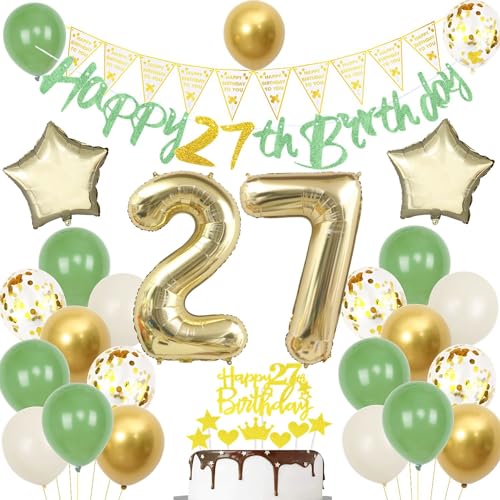 Globos 27 cumpleaños verde oro, Decoraciones Fiesta 27 cumpleaños Hombre Mujer, Cumpleaño 27...