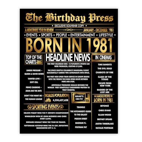 Stuff4 Póster dorado de 44 cumpleaños sin marco, periódico dorado nacido en 1981, feliz...
