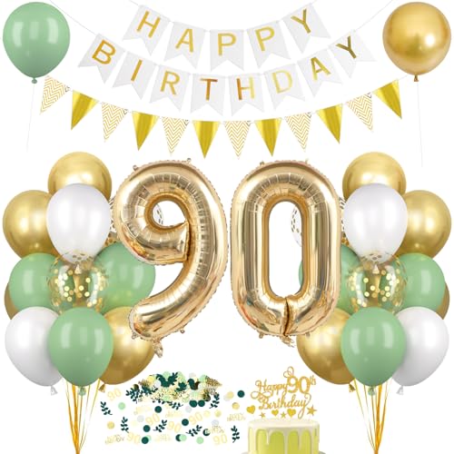 Decoración Cumpleaños 90 Año Oro Verde, Globo 90 Cumpleaños con Confeti Guirnalda Happy...