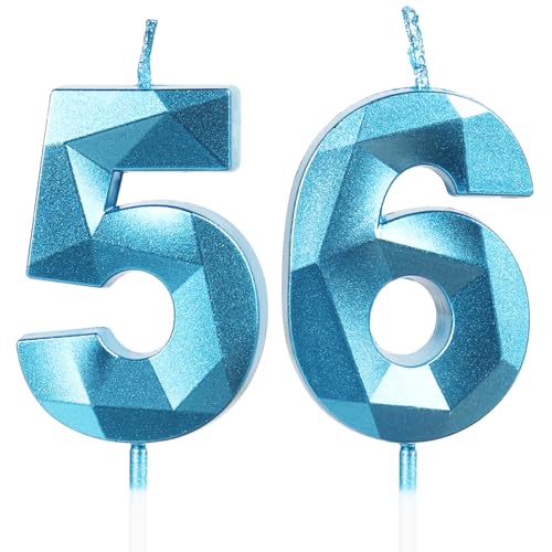 Velas de Cumpleaños 56 Años Azul, Decoraciones para Hombres y Mujeres, Número 56 3D para Tarta,...
