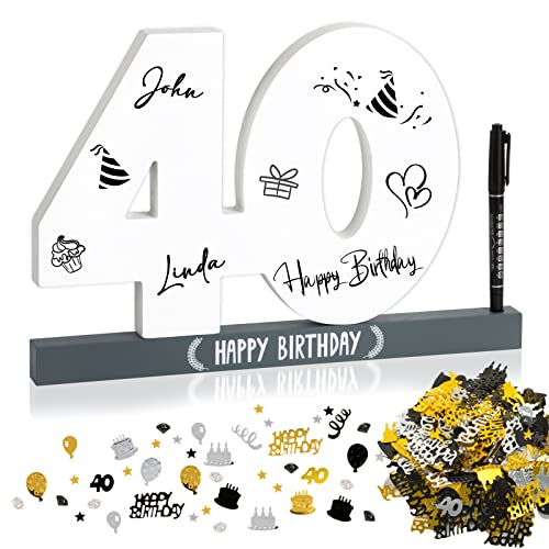 BOFUNX Libro de Visitas para Cumpleaños 40 Años Tarjeta Felicitación de Madera+Confeti de...