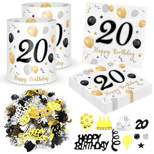 20 Servilletas de 20 Cumpleaños + 12 Farolillos Decoración de Mesa de 20 Cumpleaños + 500 Confeti...