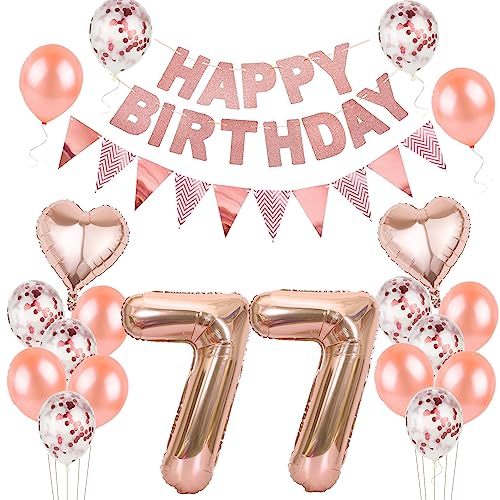 Globos de oro rosa 77 años de decoración de la mujer, globo de papel de aluminio 77 años de decoración de cumpleaños RoseGold globos 77 años de deco de cumpleaños de la niña, deco de cumpleaños 77