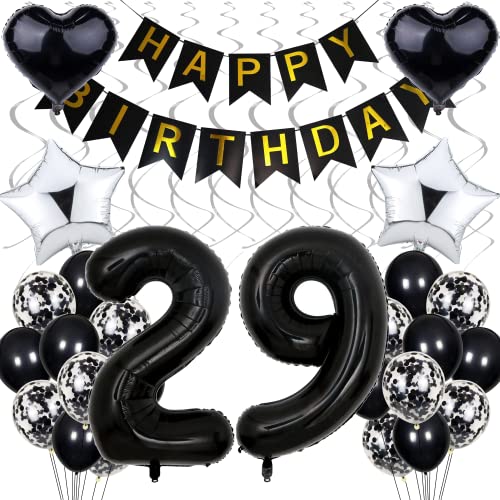 Decoraciones 29 Cumpleaños Hombre y Mujer - Fiesta Blanco, Negro y Plata - Globos y Accesorios para...