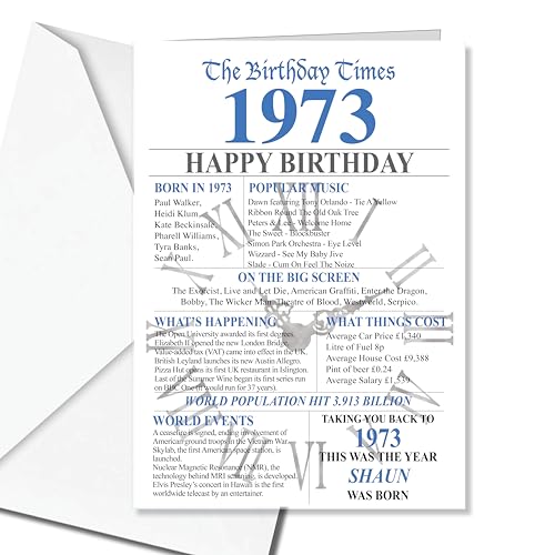 1973 Facts - Tarjeta de felicitación de cumpleaños 50 personalizable, color blanco y azul