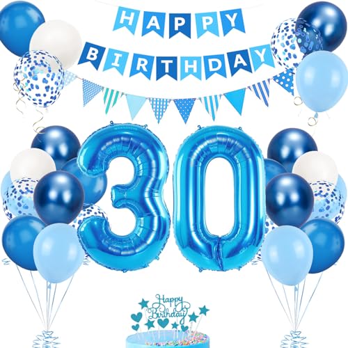 Decoración Cumpleaños 30 Años Azul para Hombre y Mujer, Globos y Accesorios para Fiesta