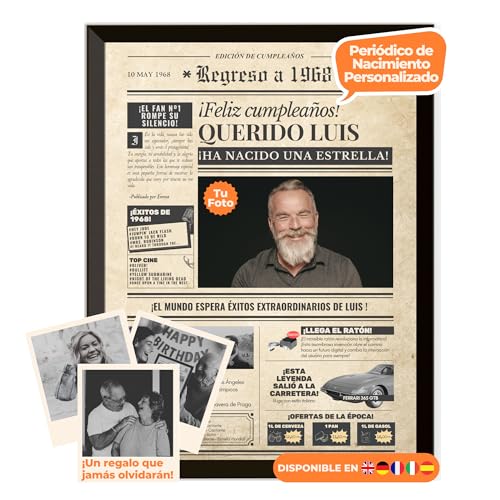 Periódico de cumpleaños 1968 – póster personalizado año nacimiento con foto, nombre y mensaje...
