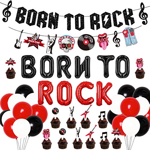 JOYMEMO Decoraciones de fiesta de cumpleaños de rock and roll con purpurina negra Born To Rock...