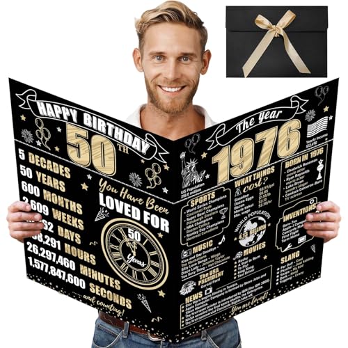 Turypaty Tarjeta grande de 50 cumpleaños con sobre para hombres y mujeres, 1975 negro dorado feliz...