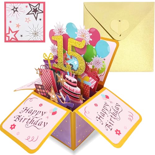 Pop Up Tarjeta Cumpleaños 15 Años Oro Rosa,3D Tarjeta Felicitacion Cumpleaños Original con Sobre...