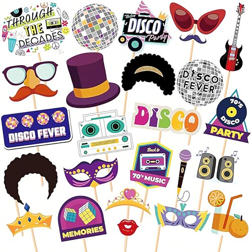 AIBAOBAO Photocall Años 70, 25 Piezas Foto Props De Fiesta Disco, Retro Fotomaton, Photo Booth...