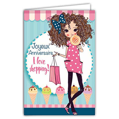 67-1112 - Tarjeta de felicitación de cumpleaños con texto en inglés 'I love shopping chica...