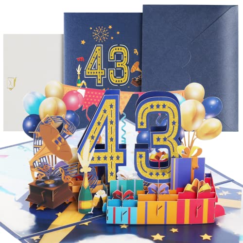 Tarjeta de cumpleaños de 43 cumpleaños con sobre, tarjeta 3D desplegable para 43 cumpleaños, tarjeta de cumpleaños para niñas, jóvenes, amigos, romance, tarjeta de regalo
