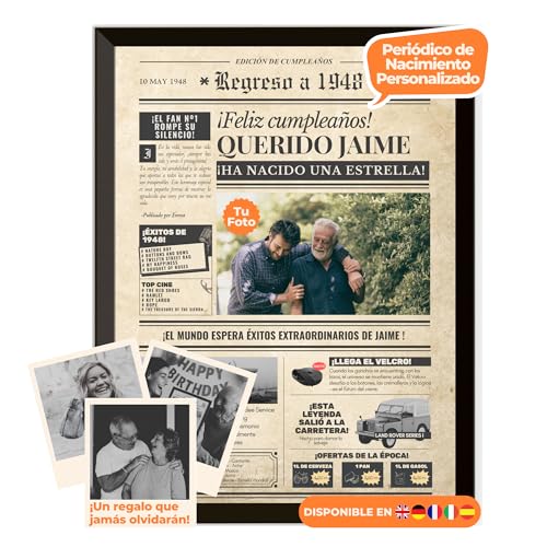 Periódico de cumpleaños 1948 – póster personalizado año nacimiento con foto, nombre y mensaje...